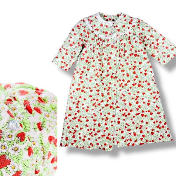 Vintage Girls Novelty Strawberry Fruit Print Quilted Dressing Gown Robe 6 - 8 - Picture 1 of 10